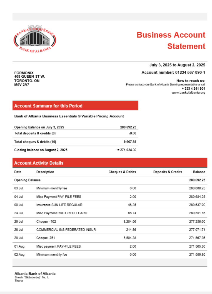 Modèle Word et PDF de relevé de compte professionnel de la Banque d'Albanie
